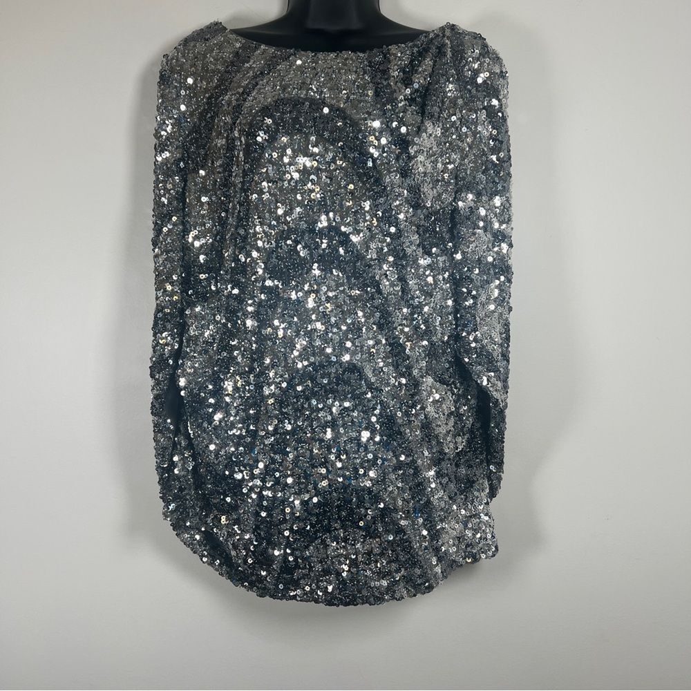 R&M Richards Sequin Top Blouse Large Cape Black Silver Lined made in USA